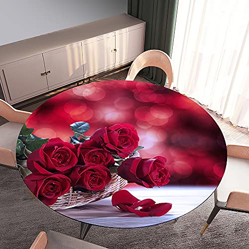 Rund Tischdecke Elastisch Wasserdicht, Treer 3D Rose Drucken Polyester Abwaschbar Lotuseffekt Tischtuch mit Elastische Kante für Küche Esszimmer Garten Dekoration (rot,Rund 90cm) von Treer-shop