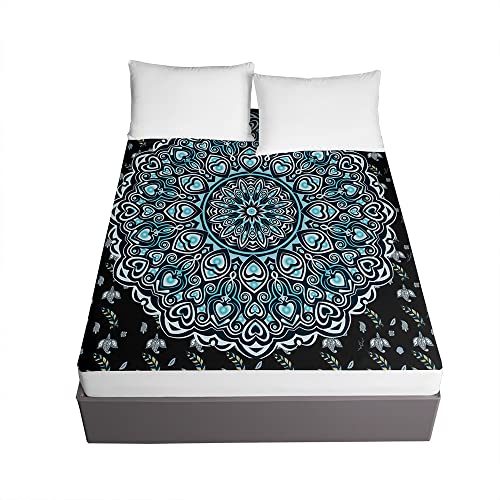 Spannbettlaken Spannbetttuch Bett, Treer Mandala Polyester Weiche Bettlaken Ultra-Tiefe Matratzenschoner für Bettw Sche bis 30cm Matratzenschoner (Schwarz,120x200x30cm) von Treer-shop