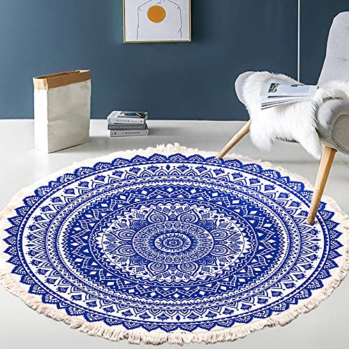 Treer Flachgewebeteppich mit Quasten Rund Retro Böhmen Baumwolle Gewebte Teppiche Waschbar für Wohnzimmer, Schlafzimmer, Küche, Kinderzimmer, Badezimmer (Mandala,60cm) von Treer-shop