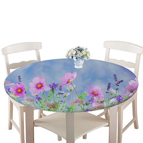 Wasserdicht Antifouling Tischdecke Runde, Treer Polyester Abwaschbar Pflegeleicht Tischtuch mit Elastische Kante 3D Blume Drucken Tischdecken für Küche Esszimmer Party Garten (Lavendel,90cm) von Treer-shop