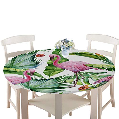 Wasserdicht Antifouling Tischdecke Runde, Treer Polyester Abwaschbar Pflegeleicht Tischtuch mit Elastische Kante 3D Pflanze Drucken Tischdecken für Küche Esszimmer Party Garten (Flamingo,120cm) von Treer-shop