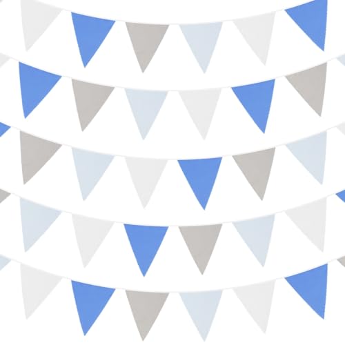 Treer 10Meter Wimpelkette Stoff Kinderzimmer, Einfarbig Wimpelkette Stoff Bunt - Hausbett Deko Mädchen & Jungen für Girlande Kinderzimmer Deko, Wanddeko Party (Blau-Grau-Weiß) von Treer
