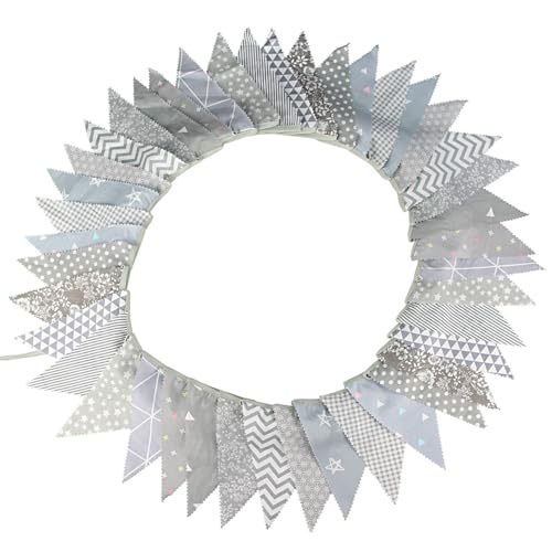 Treer 12Meter Wimpelkette Stoff Kinderzimmer, Wimpelkette Stoff Bunt - Hausbett Deko Mädchen & Jungen für Girlande Kinderzimmer Deko, Wanddeko Halloween Weihnachten (Grau) von Treer