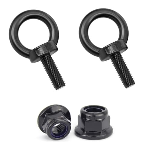 Treer 2 Sätze Schwarz M12 Augenbolzen Augenschrauben mit sechseckigen Flanschverschlussmuttern, Gewindedurchmesser 12mm,Ringschrauben aus Edelstahl 304 (M12x50) von Treer