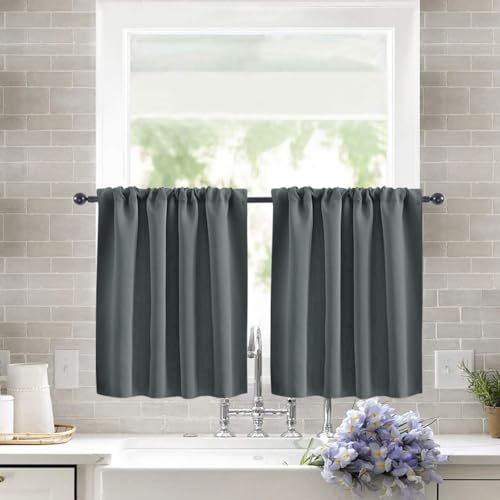 Treer 2 Stück Einfarbig Scheibengardine Gardinen Kurz Vorhänge Modern Verdunklungsvorhänge, Vorhang Blickdicht Waschbar Curtains für Küchen & Schlafzimmer (Anthrazit,132x46cm) von Treer