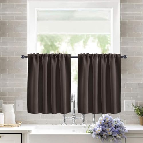 Treer 2 Stück Einfarbig Scheibengardine Gardinen Kurz Vorhänge Modern Verdunklungsvorhänge, Vorhang Blickdicht Waschbar Curtains für Küchen & Schlafzimmer (Braun,76x92cm) von Treer