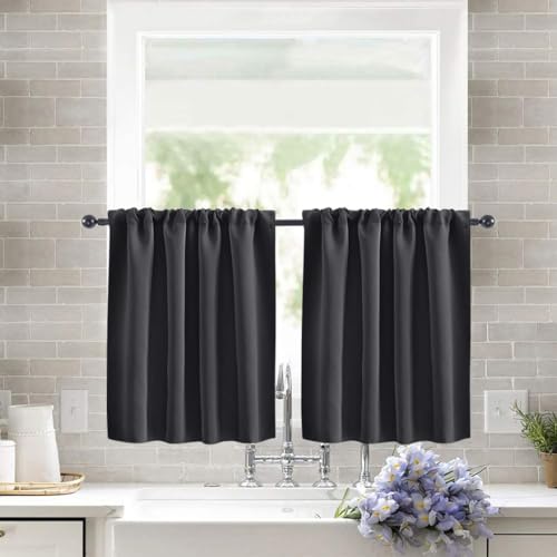 Treer 2 Stück Einfarbig Scheibengardine Gardinen Kurz Vorhänge Modern Verdunklungsvorhänge, Vorhang Blickdicht Waschbar Curtains für Küchen & Schlafzimmer (Dunkelgrau,106x91cm) von Treer