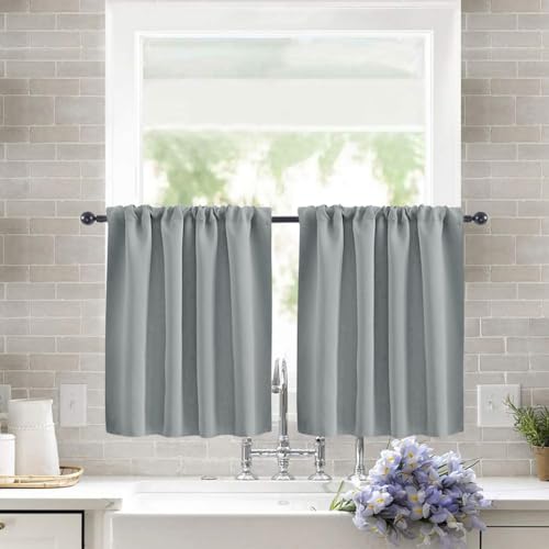 Treer 2 Stück Einfarbig Scheibengardine Gardinen Kurz Vorhänge Modern Verdunklungsvorhänge, Vorhang Blickdicht Waschbar Curtains für Küchen & Schlafzimmer (Hellgrau,76x92cm) von Treer