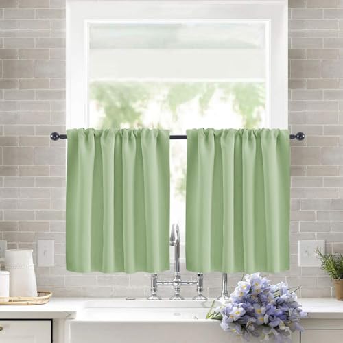Treer 2 Stück Einfarbig Scheibengardine Gardinen Kurz Vorhänge Modern Verdunklungsvorhänge, Vorhang Blickdicht Waschbar Curtains für Küchen & Schlafzimmer (Hellgrün,76x92cm) von Treer