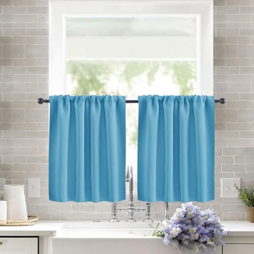 Treer 2 Stück Einfarbig Scheibengardine Gardinen Kurz Vorhänge Modern Verdunklungsvorhänge, Vorhang Blickdicht Waschbar Curtains für Küchen & Schlafzimmer (Himmelblau,76x92cm) von Treer
