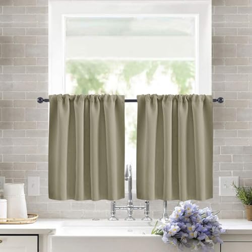 Treer 2 Stück Einfarbig Scheibengardine Gardinen Kurz Vorhänge Modern Verdunklungsvorhänge, Vorhang Blickdicht Waschbar Curtains für Küchen & Schlafzimmer (Khaki,76x60cm) von Treer