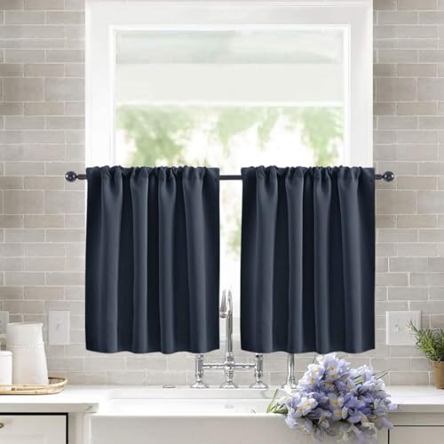 Treer 2 Stück Einfarbig Scheibengardine Gardinen Kurz Vorhänge Modern Verdunklungsvorhänge, Vorhang Blickdicht Waschbar Curtains für Küchen & Schlafzimmer (Marineblau,76x60cm) von Treer