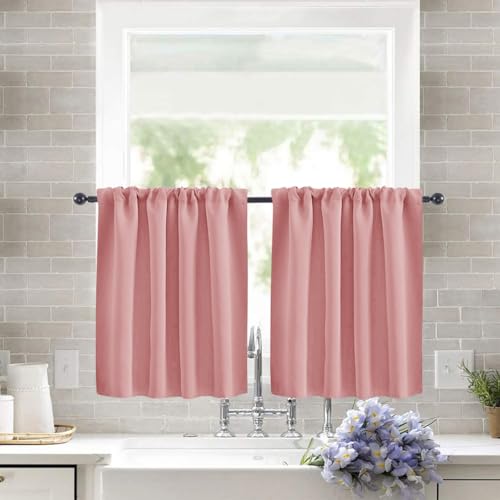 Treer 2 Stück Einfarbig Scheibengardine Gardinen Kurz Vorhänge Modern Verdunklungsvorhänge, Vorhang Blickdicht Waschbar Curtains für Küchen & Schlafzimmer (Pfirsich,132x46cm) von Treer