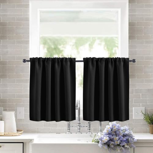 Treer 2 Stück Einfarbig Scheibengardine Gardinen Kurz Vorhänge Modern Verdunklungsvorhänge, Vorhang Blickdicht Waschbar Curtains für Küchen & Schlafzimmer (Schwarz,106x91cm) von Treer