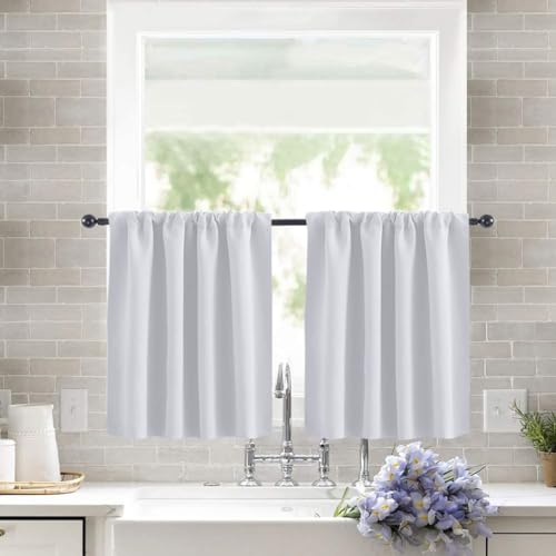 Treer 2 Stück Einfarbig Scheibengardine Gardinen Kurz Vorhänge Modern Verdunklungsvorhänge, Vorhang Blickdicht Waschbar Curtains für Küchen & Schlafzimmer (Weiß,76x60cm) von Treer