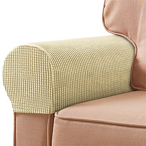 Treer 2 Stück Elastische Armlehnenbezüge Couch Armlehnenschoner, Stretch Abnehmbar Sesselbezug Sesselschoner Armkappen für Stühle Sofas Sessel Möbelschutz (Beige) von Treer