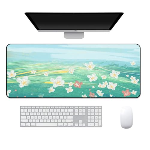 Treer 3D Frühlingsblumen Drucken Gaming Mauspad, Mousepad mit Vernähte Kanten, Mauspad L/XL/XXL, rutschfeste Gummibasis Mousepad Gaming, Mauspad Groß (900x400mm,Blume A) von Treer