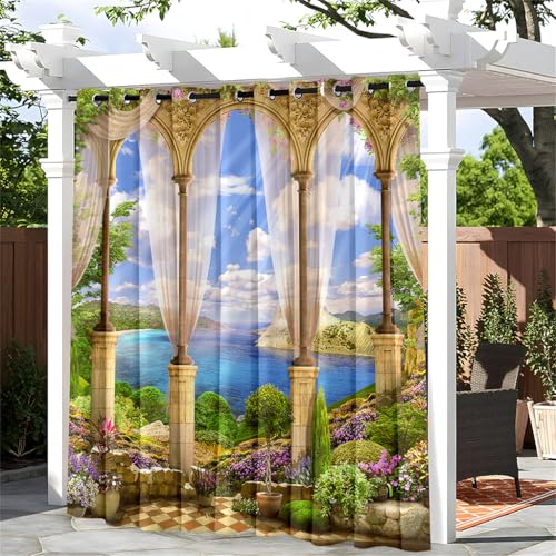 Treer 3D Outdoor Vorhang Wasserdicht mit Ösen (1.6 inch), Blickdicht Outdoorvorhänge Sichtschutz Sonnenschutz für Patio Balkon Terrasse Garten Pavillon (W140*L175cm,Naturgarten) von Treer