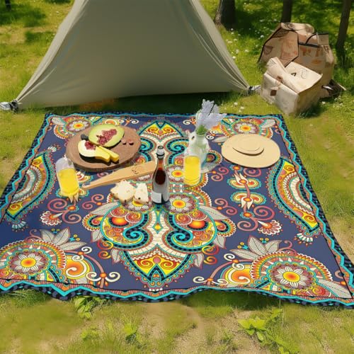 Treer 3D Stranddecke Sandfrei Groß Strandmatte Campingdecke, Outdoor Picknickdecke Stranddecke Sanddicht,Ultraleicht & Kompakt für Strand, Camping, Wandern, Picknick (Ethno-Stil,150x150cm) von Treer