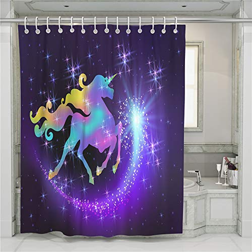 Treer Anti-Schimmel & Wasserdicht Duschvorhang für Badezimmer, Traum Einhorn 3D-Druck Badezimmervorhang mit 12 Duschvorhangringe Waschbar Duschvorhang (Glänzendes Einhorn,180x200cm) von Treer