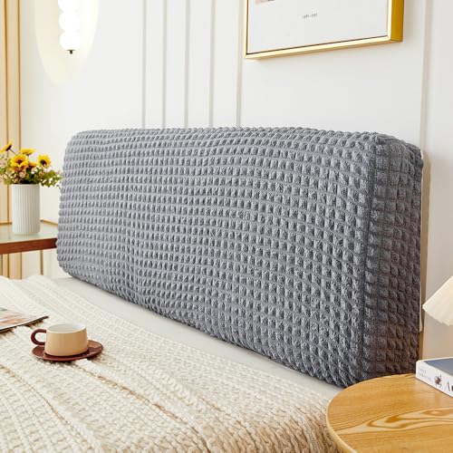 Treer Bett Kopfteil Bezug, Bettkopfteil Bezug Seersucker Staubdicht Bettkopfteil Hussen, Einfarbig All-Inclusive Schutz Dekorativ für Schlafzimmer Bett Kopfteil (Grau,150cm) von Treer