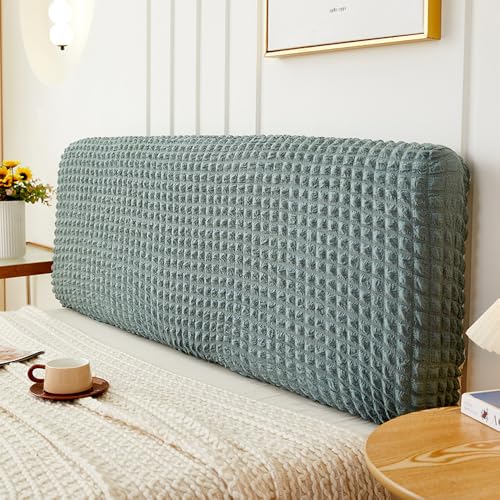 Treer Bett Kopfteil Bezug, Bettkopfteil Bezug Seersucker Staubdicht Bettkopfteil Hussen, Einfarbig All-Inclusive Schutz Dekorativ für Schlafzimmer Bett Kopfteil (Grau Grün,120cm) von Treer