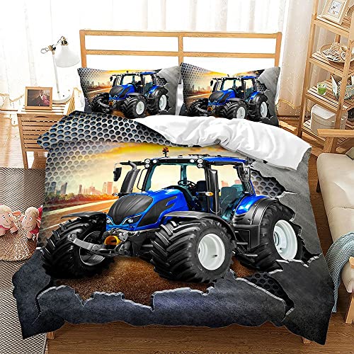 Treer Bettbezug Bettwäsche Set mit Kissenbezüge, Bettwäsche-Set mit Reißverschluss Bettbezug 3D Traktor Auto Mikrofaser Weiche für Junge Einzelbett Doppelbett (135x200cm,Blaues Auto) von Treer