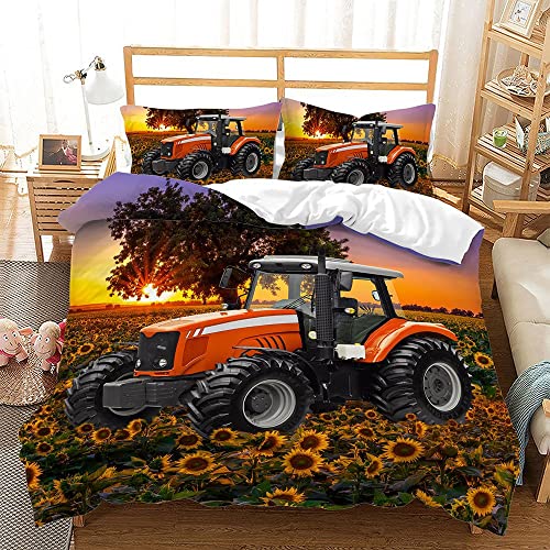 Treer Bettbezug Bettwäsche Set mit Kissenbezüge, Bettwäsche-Set mit Reißverschluss Bettbezug 3D Traktor Auto Mikrofaser Weiche für Junge Einzelbett Doppelbett (135x200cm,Sonnenblume) von Treer