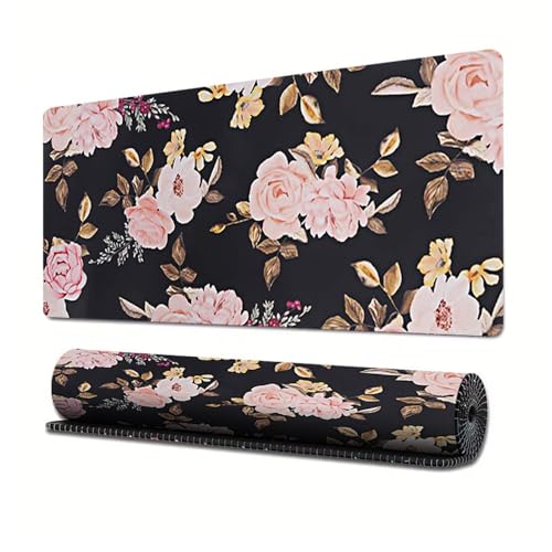 Treer Blumen Druck Gaming Mauspad, Mousepad mit Vernähte Kanten, Mauspad L/XL/XXL, rutschfeste Gummibasis Mousepad Gaming Mauspad Groß (800x300mm,Schwarze Goldrose) von Treer