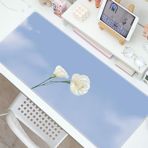 Treer Blumen Stil Gaming Mauspad, Mousepad mit Vernähte Kanten, Mauspad L/XL/XXL, rutschfeste Gummibasis Mousepad Gaming, Mode Mauspad Groß (weiße Blume,600x300mm) von Treer