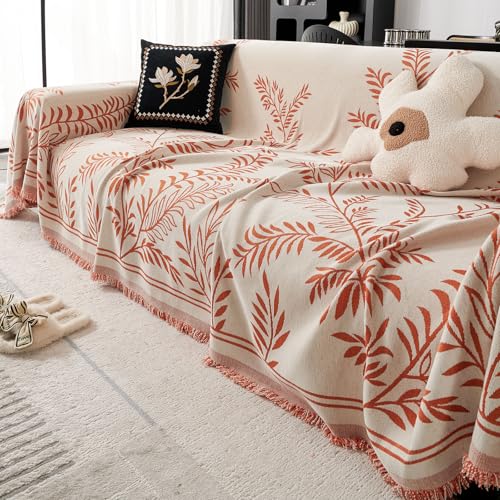 Treer Chenille Stoff Sofaüberwurf Decke mit Quaste, Weidenblatt Muster Sofa Überwurfdecke 1 2 3 4 Sitzer Reversibel Couch Überwürf L Form/Ecksofa Sofa Überzug Bettüberwurf (180x130cm,Orange) von Treer