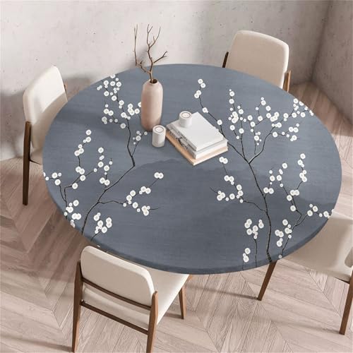 Treer Chinesischer Stil Landschaft Tischdecke Outdoor Rund, Lotuseffekt Tischdecke Abwaschbar Elastisch Rund Gartentischdecke, für Garten,Küche,Esstisch,Parteien Tischdecken (Dunkelgrau,90cm) von Treer