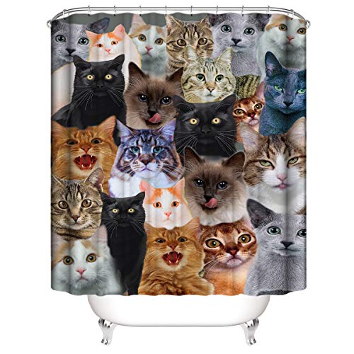 Treer Duschvorhang Duschvorhänge Mit Haken 12 Duschvorhangringe, 3D Drucken Wasserdicht Bad Vorhang Waschbar aus Stoff Polyester Bad Vorhang Dekor (Katze,150x180cm) von Treer