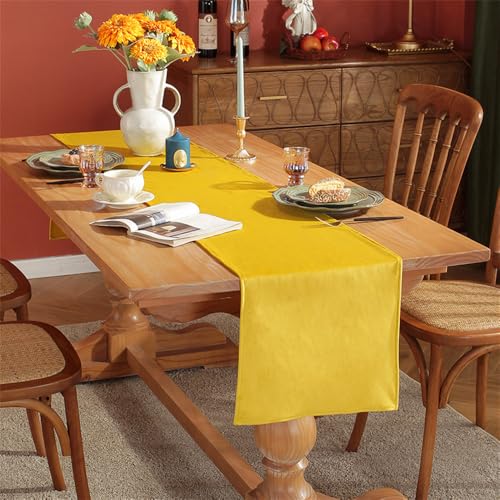 Treer Einfarbig Tischläufer aus Samt, Modern Schlicht Tischdeko Tischläufer Abwaschbar Reversibel Tischdecke Rechteck für Esstisch Party Urlaub Dekoration (33x140cm,Gelb) von Treer