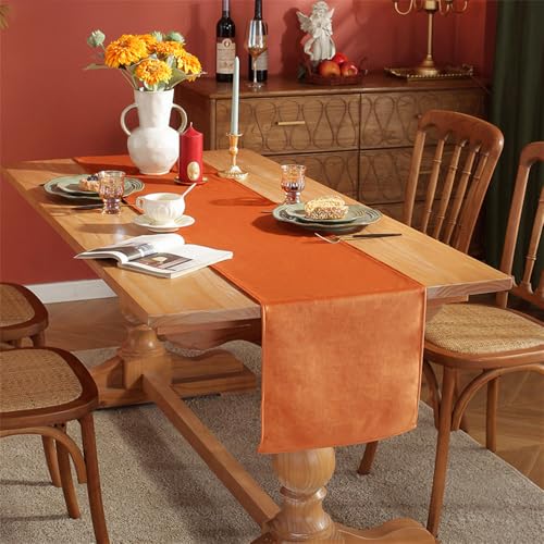 Treer Einfarbig Tischläufer aus Samt, Modern Schlicht Tischdeko Tischläufer Abwaschbar Reversibel Tischdecke Rechteck für Esstisch Party Urlaub Dekoration (33x140cm,Orange) von Treer