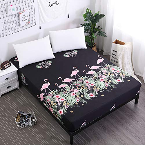 Treer Elegante Spannbettlaken mit Blumen Blatt Drucken, Weiche Atmungsaktivem Hochwertiges Mikrofaser Spannbetttuch,Tiefe Tasche,Verfügbar in verschiedenen Größen (150x200+25cm,Schwarzer Flamingo) von Treer