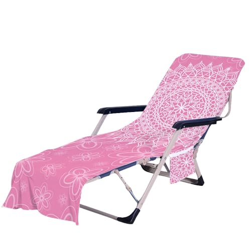 Treer Farbenfroher Mandala-Stil Sonnenliege,Gartenliege Abdeckung, Sonnenliege Auflage mit 2 Taschen,Gartenstuhl Auflage,Deckchair Auflagen für Schwimmbäder Strände Garten (Rosa-Weiß,75x210cm) von Treer