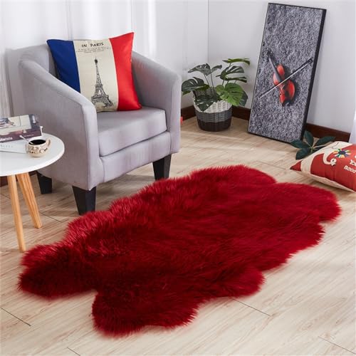 Treer Faux Lammfell Schaffell Teppich, Lammfellimitat Teppich Longhair Fell Optik Nachahmung Wolle Bettvorleger Kunstfell Dekofell Sofa Matte für Schlafzimmer Nachttisch (90cm*150cm,Rot) von Treer