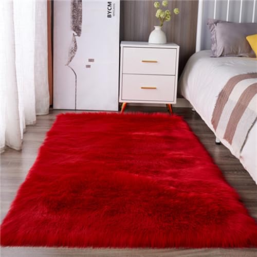 Treer Faux Lammfell Schaffell Teppich, Rechteck Lammfellimitat Teppich Longhair Fell Optik Nachahmung Wolle Bettvorleger Kunstfell Dekofell Sofa Matte (70 * 100cm,Rot) von Treer