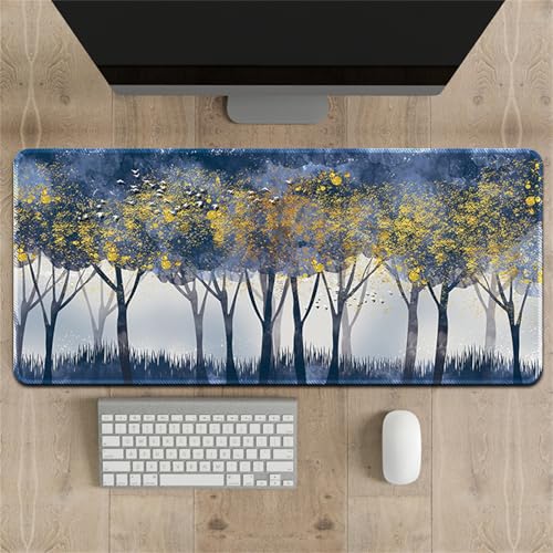 Treer Gaming Mauspad XXL/XL, Groß Schreibtischunterlage Großes Mousepad Gaming PC Schreibtisch Matte Desk Mat Vernähte Kanten für Büro, Tastatur, Laptop (Blauer Baum,300 * 700 * 2mm) von Treer
