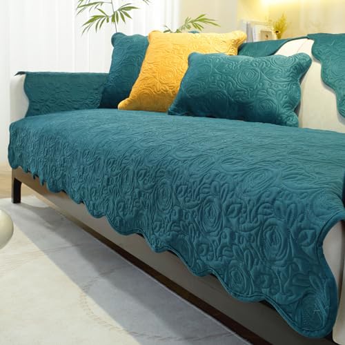 Treer Gesteppt Sofabezug rutschfest, Rosenblume Geprägt Sofaüberwürfe Couch Überwürfe L Form/Ecksofa Sofaschutz 1 2 3 Sitzer Sofaabdeckungen Couch Überzug Sofaschoner (90x210cm,Pfauenblau) von Treer