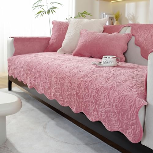 Treer Gesteppt Sofabezug rutschfest, Rosenblume Geprägt Sofaüberwürfe Couch Überwürfe L Form/Ecksofa Sofaschutz 1 2 3 Sitzer Sofaabdeckungen Couch Überzug Sofaschoner (90x210cm,Rosa) von Treer