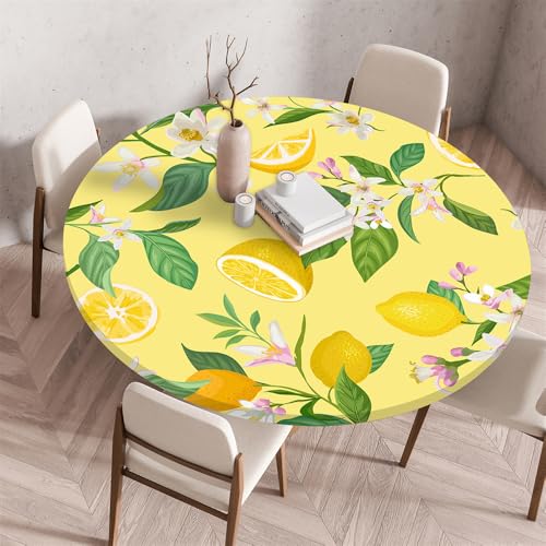 Treer Grünes Blatt Zitrone Druck Tischdecke Outdoor Rund, Lotuseffekt Tischdecke Abwaschbar Elastisch Rund Gartentischdecke, für Garten, Küche, Esstisch, Parteien Tischdecken (80cm,Grüne Blätter) von Treer
