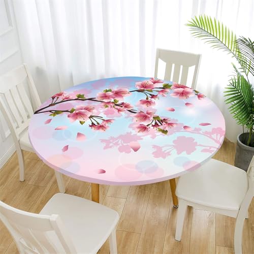 Treer Japanischer Stil Tischdecke Outdoor Rund, Lotuseffekt Tischdecke Abwaschbar Elastisch Rund Gartentischdecke, für Garten, Küche, Esstisch, Parteien Tischdecken (Sakura,100cm) von Treer