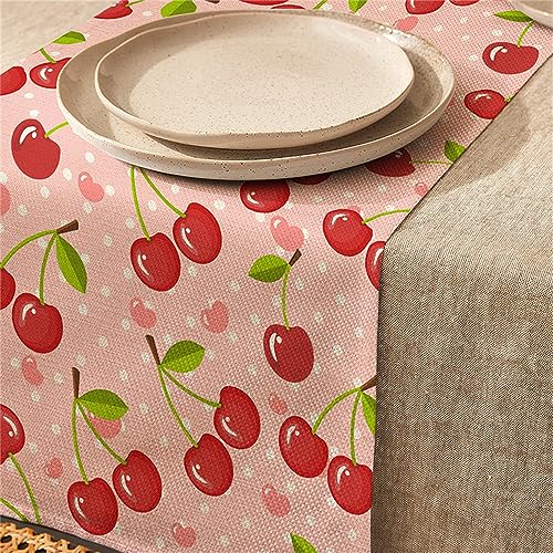 Treer Leinen Tischläufer, Frucht Modern Tisch Läufer Abwaschbare Durable Tischdecke Tischdecken für Esszimmer Küchentisch Dessert-Tisch Hochzeit Hotel Party (33×180cm,Kirsche) von Treer