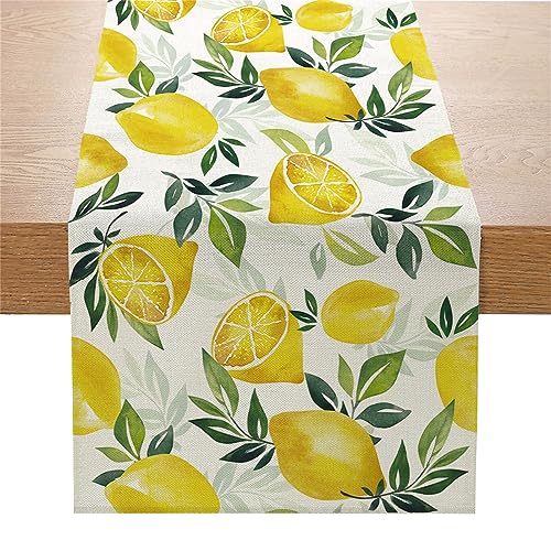 Treer Leinen Tischläufer, Sonnenblume Drucken 33x180cm Modern Tisch Läufer Abwaschbare Durable Tischdecke Tischdecken für Esszimmer Küchentisch Dessert-Tisch Hochzeit Party (Gelbe Zitrone) von Treer