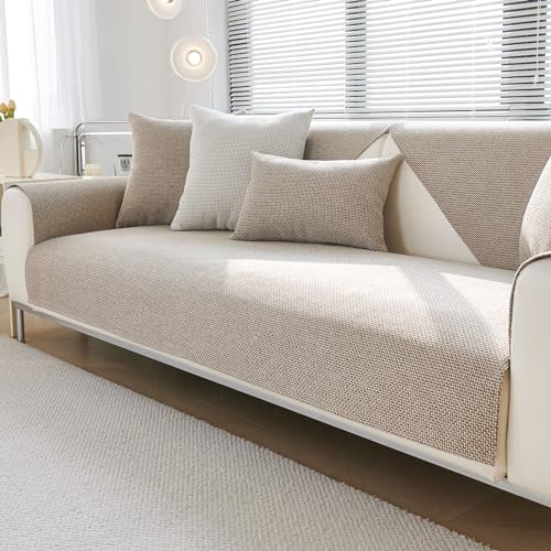 Treer Leinenstoff Sofabezug rutschfest, Einfach Stil Sofaüberwürfe Weich Couch Überwürfe L Form/Ecksofa Sofaschutz 1 2 3 4 Sitzer Sofaabdeckungen Couch Überzug Sofaschoner (110x180cm,Khakifarbe) von Treer