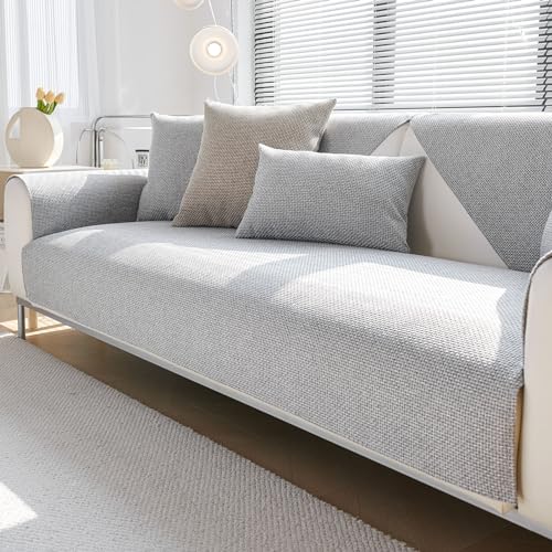 Treer Leinenstoff Sofabezug rutschfest, Einfach Stil Sofaüberwürfe Weich Couch Überwürfe L Form/Ecksofa Sofaschutz 1 2 3 4 Sitzer Sofaabdeckungen Couch Überzug Sofaschoner (70x150cm,Hellgrau) von Treer
