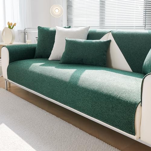 Treer Leinenstoff Sofabezug rutschfest, Einfach Stil Sofaüberwürfe Weich Couch Überwürfe L Form/Ecksofa Sofaschutz 1 2 3 4 Sitzer Sofaabdeckungen Couch Überzug Sofaschoner (90x210cm,Dunkelgrün) von Treer