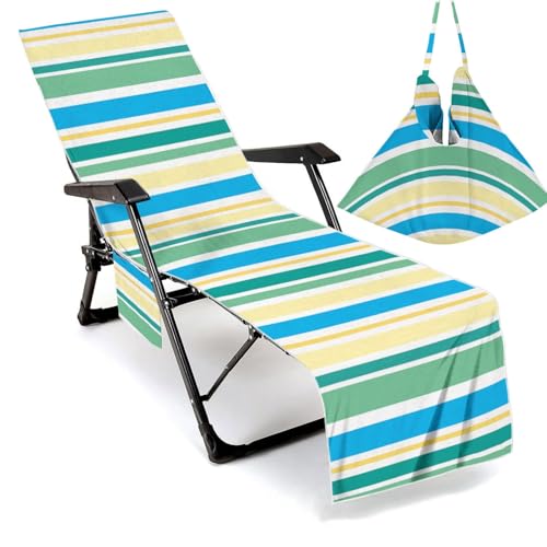 Treer Mikrofaser Sonnenliege Auflage, 2025 Moderner Stil Gartenliege Abdeckung, Frottee Schonbezug Gartenstuhl mit Taschen, Liegenauflagen für Schwimmbäder, Strände (Blaue Grüne Streifen,210x75cm) von Treer